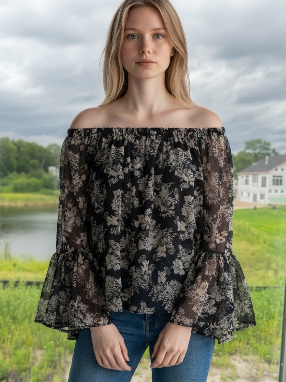 Vintage Havana Chiffon Off-The-Shoulder Floral Blouse